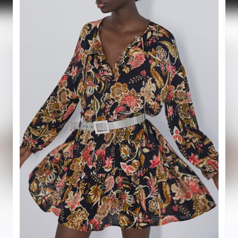 Zara Black Floral Long Sleeve Dress Like Farm Rio Anthropologie Large